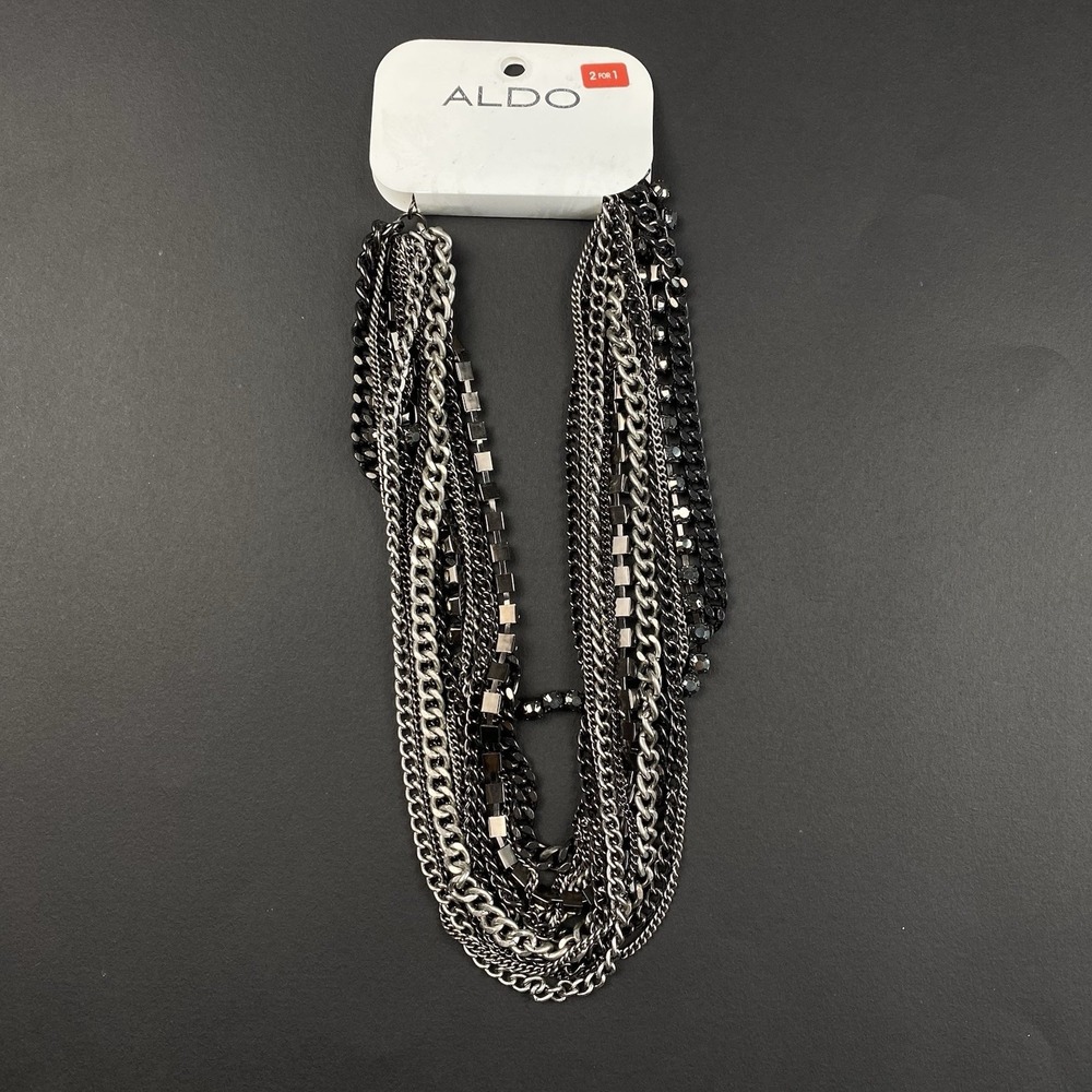 Aldo Women's Multi Strand Chain Necklace‎ Black Silver Gunmetal Tone New